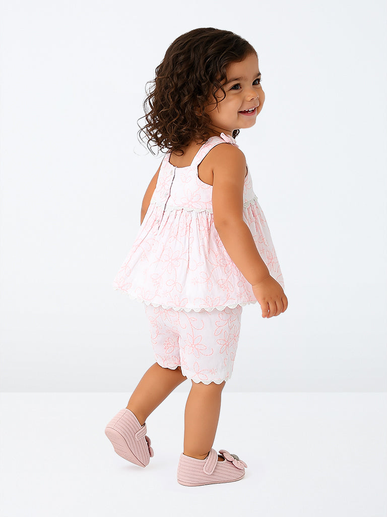 HOP Baby Girls White Floral Embroidered Cotton Dress and Shorts Set