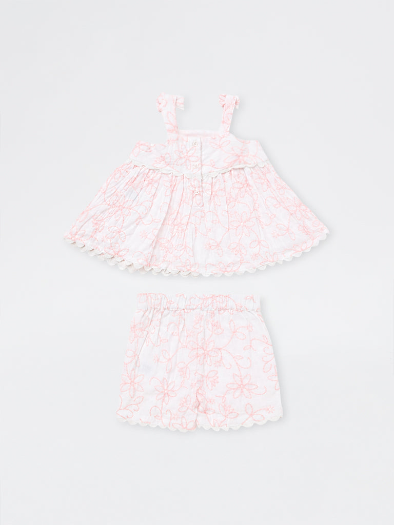 HOP Baby Girls White Floral Embroidered Cotton Dress and Shorts Set