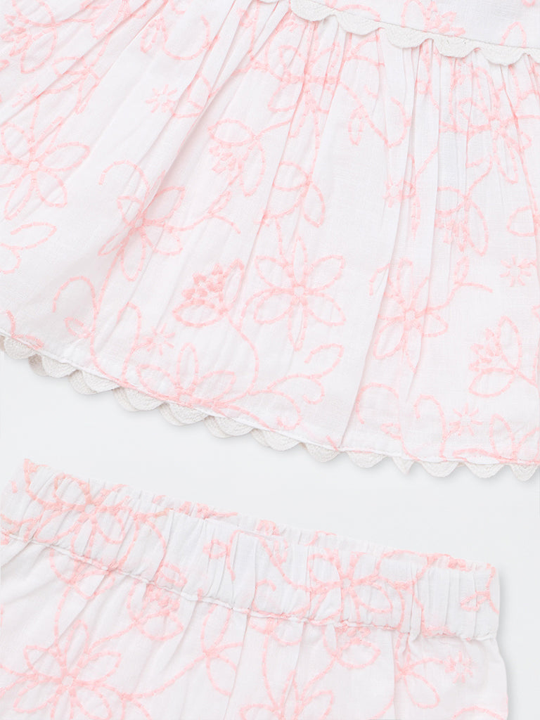 HOP Baby Girls White Floral Embroidered Cotton Dress and Shorts Set