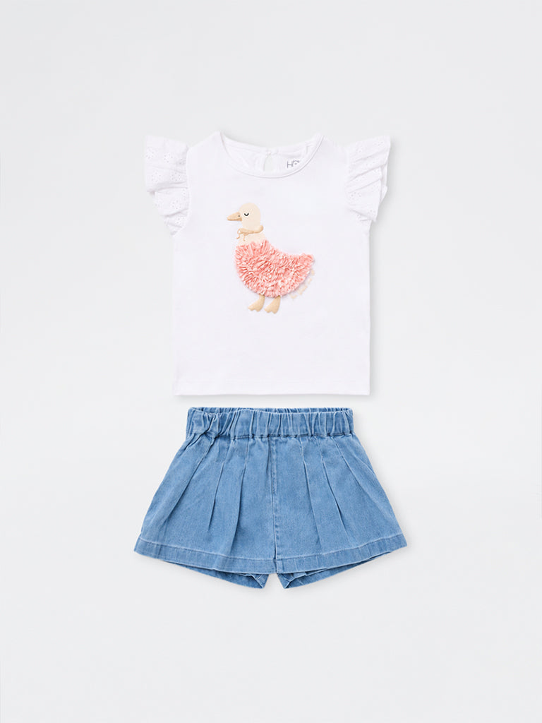 HOP Baby Girls White Duck Applique Cotton T-Shirt and Skort Set