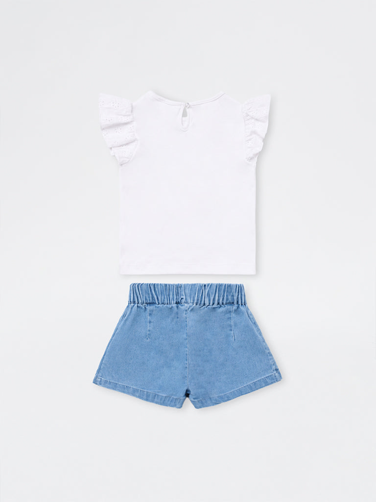 HOP Baby Girls White Duck Applique Cotton T-Shirt and Skort Set