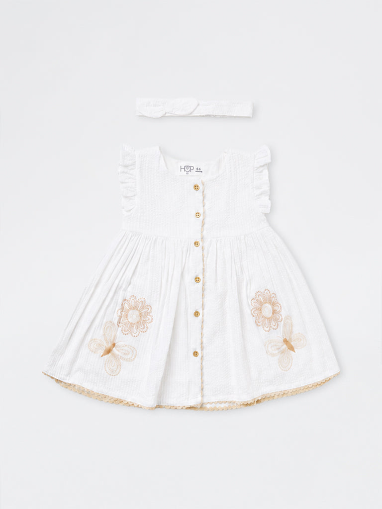 HOP Baby Girls Off-White Floral Embroidered Cotton A-Line Dress with Headband
