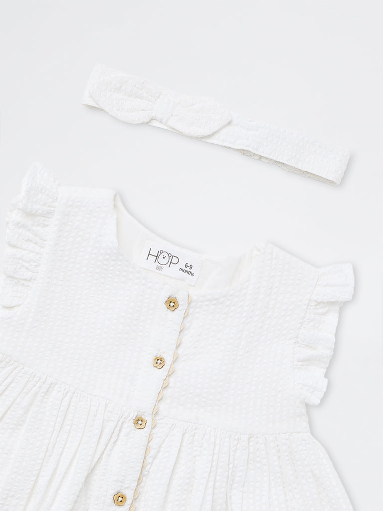 HOP Baby Girls Off-White Floral Embroidered Cotton A-Line Dress with Headband