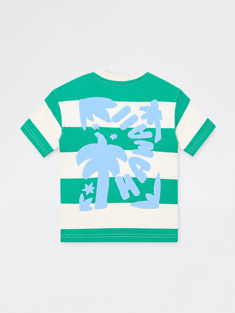 HOP Kids Boys Green Striped Cotton T-Shirt