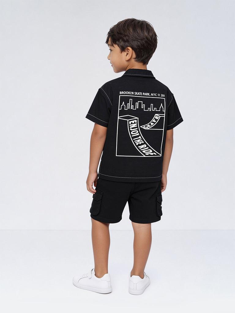 HOP Kids Boys Black Graphic Printed Cotton Shirt