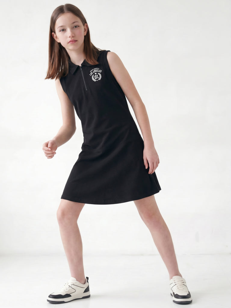 Girls Black Embroidered Cotton Tennis Dress