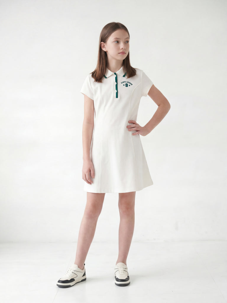 Girls White Text Detail Cotton Tennis Dress