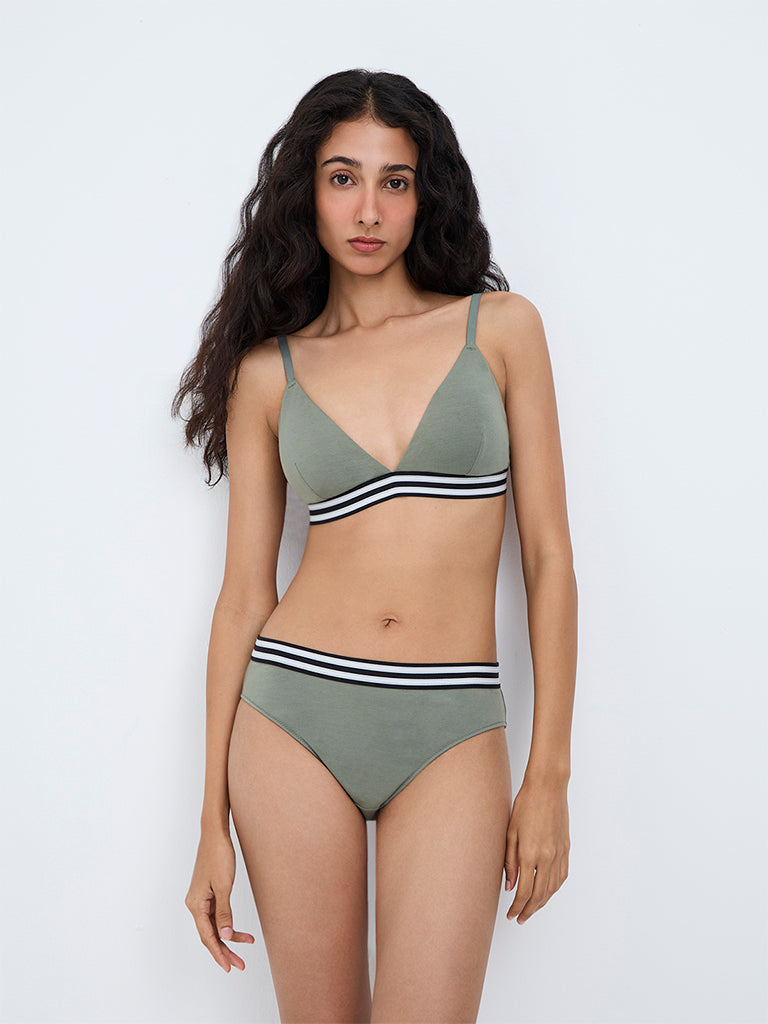 Superstar Olive Striped Cotton-Blend Bikini Briefs