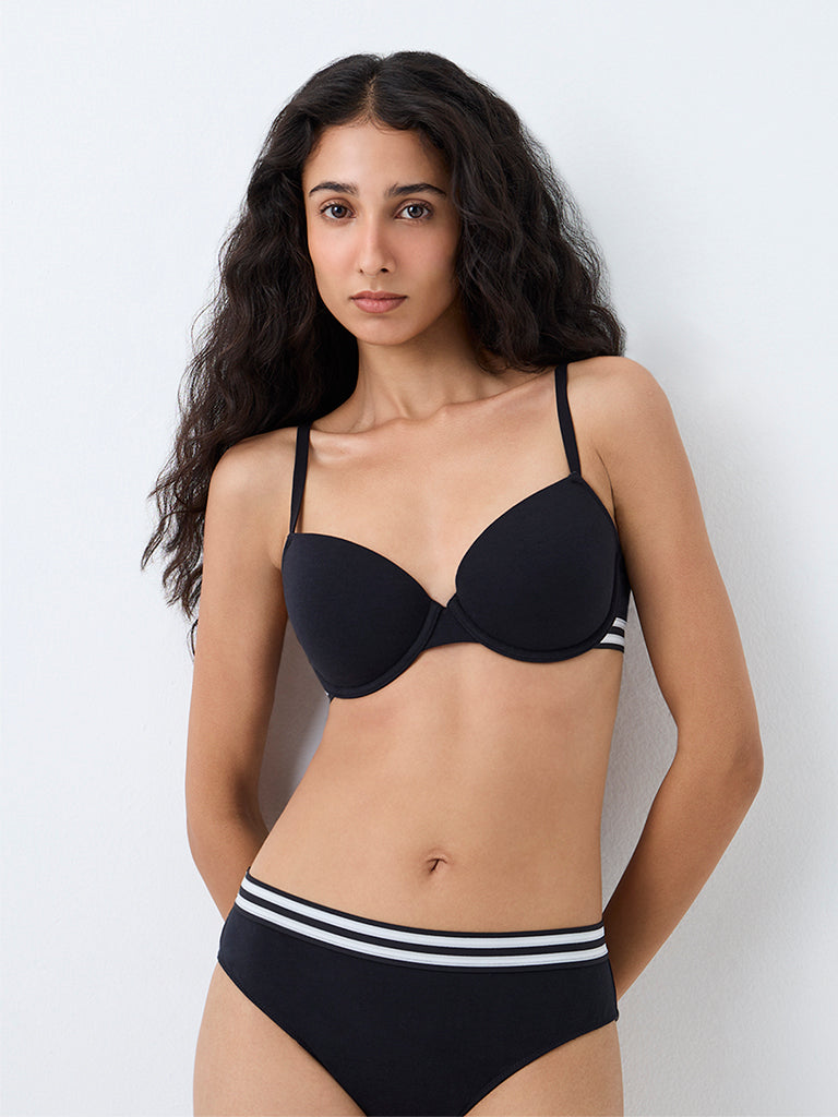 Superstar Black Striped Design Underwired Cotton-Blend Bra
