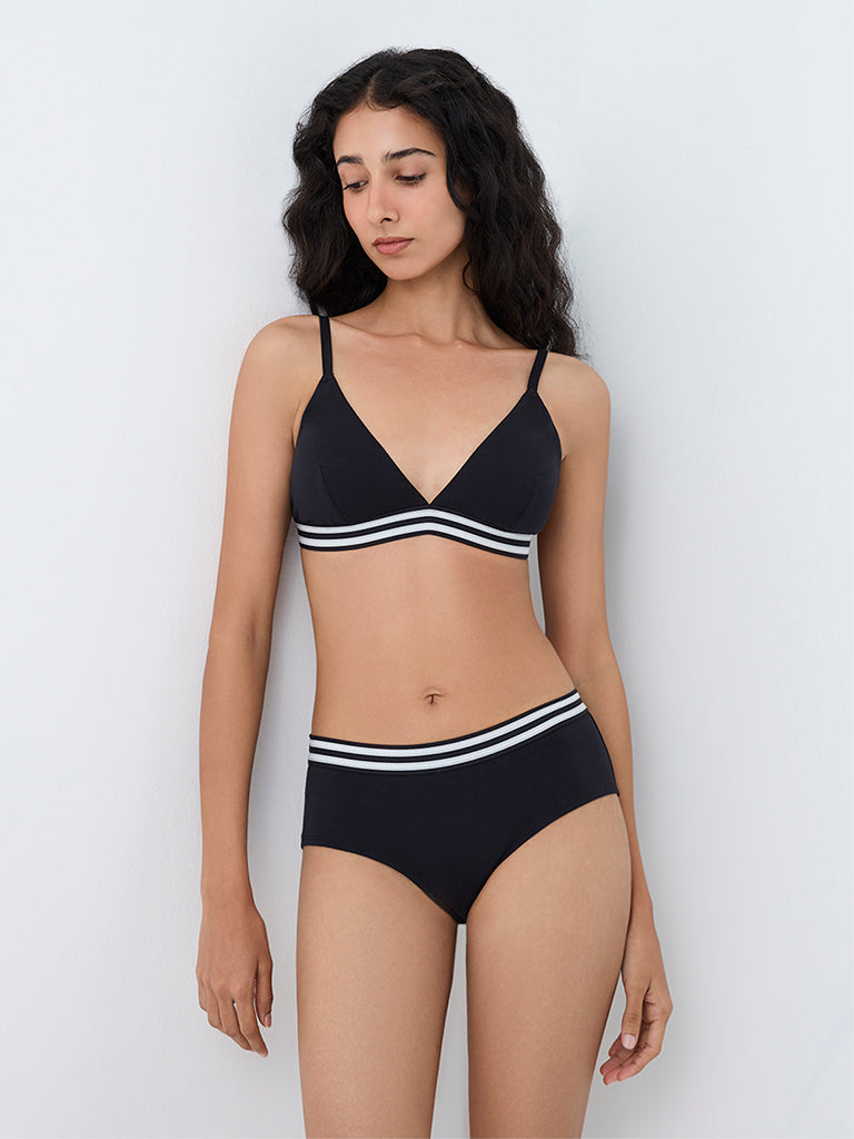 Superstar Black Striped Triangle Padded Cotton-Blend Bra