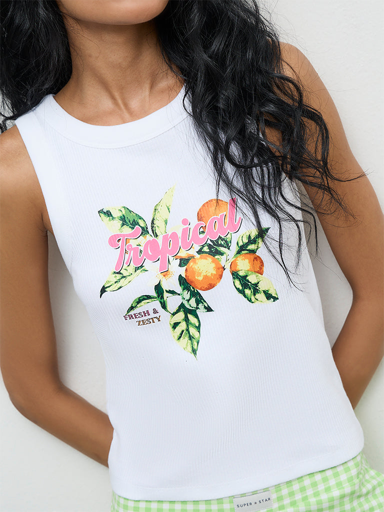 Superstar White Graphic Printed Cotton-Blend Top