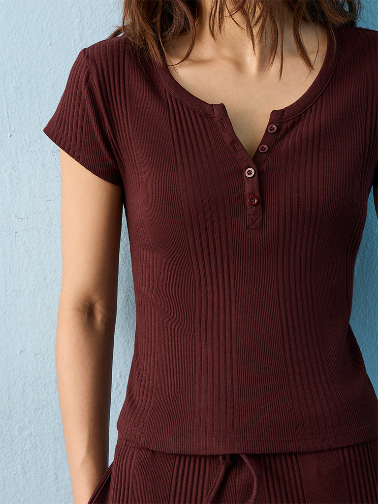 Superstar Dark Brown Ribbed Cotton-Blend Top