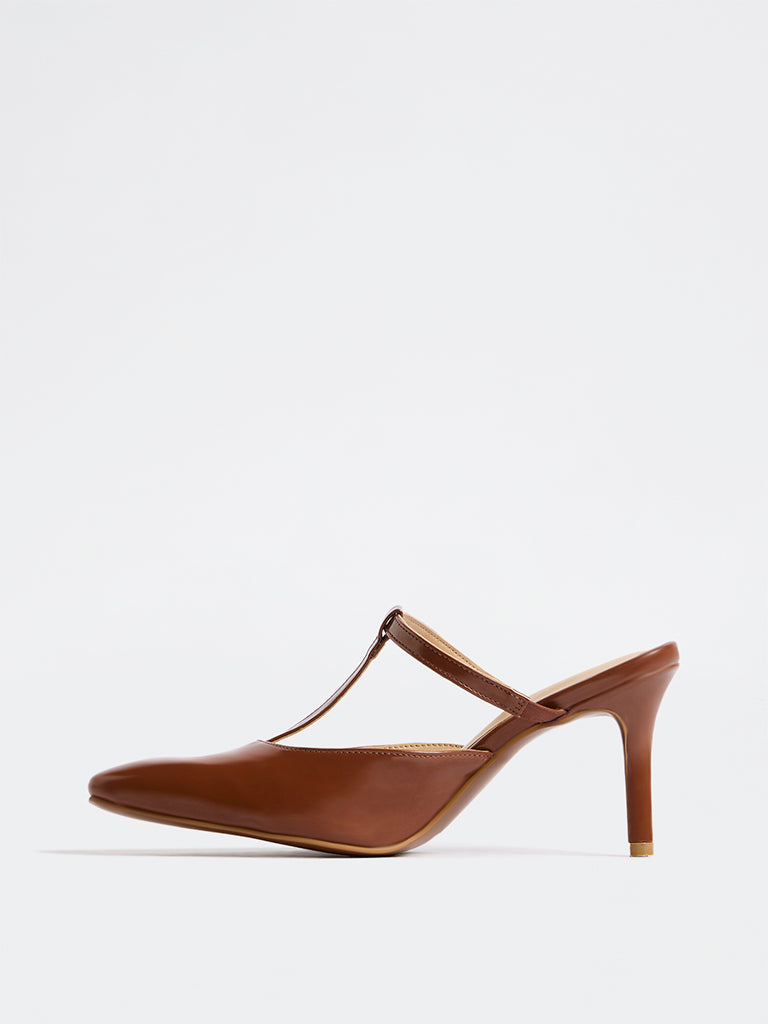 LUNA BLU Tan Thong-Strap Stiletto Heel Mules