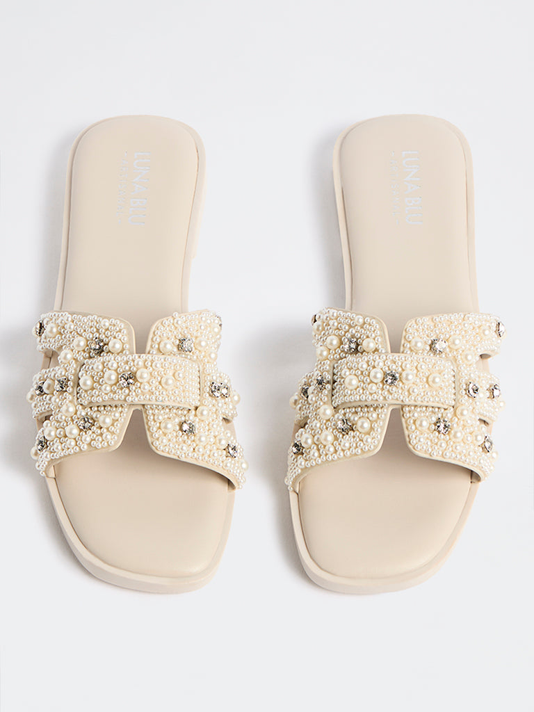 LUNA BLU Ivory Pearl Embellished Slides