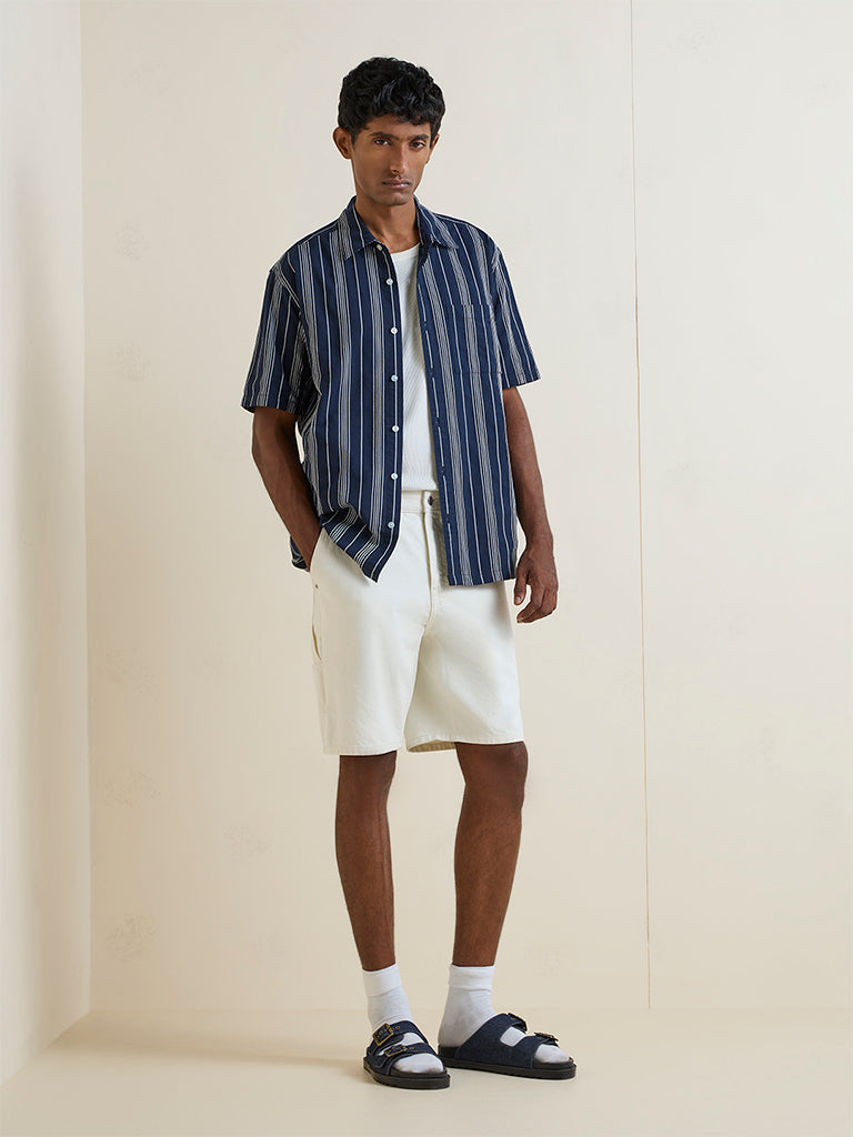 WES Casuals Navy Striped Relaxed-Fit Cotton Shirt