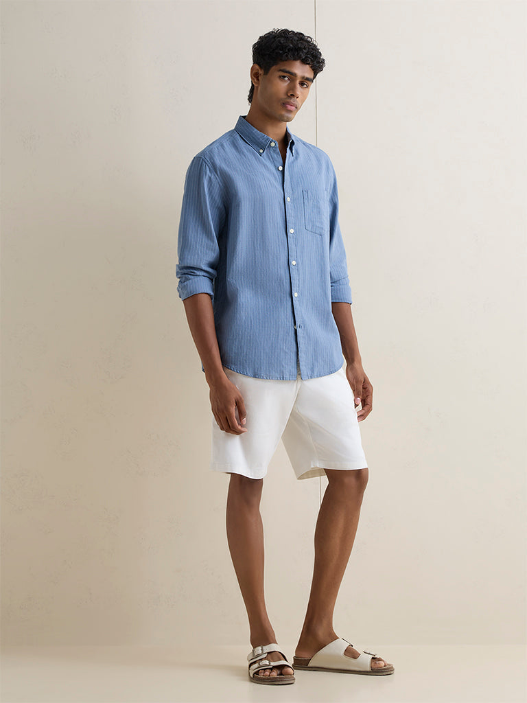 WES Casuals Blue Striped Relaxed-Fit Cotton-Blend Shirt