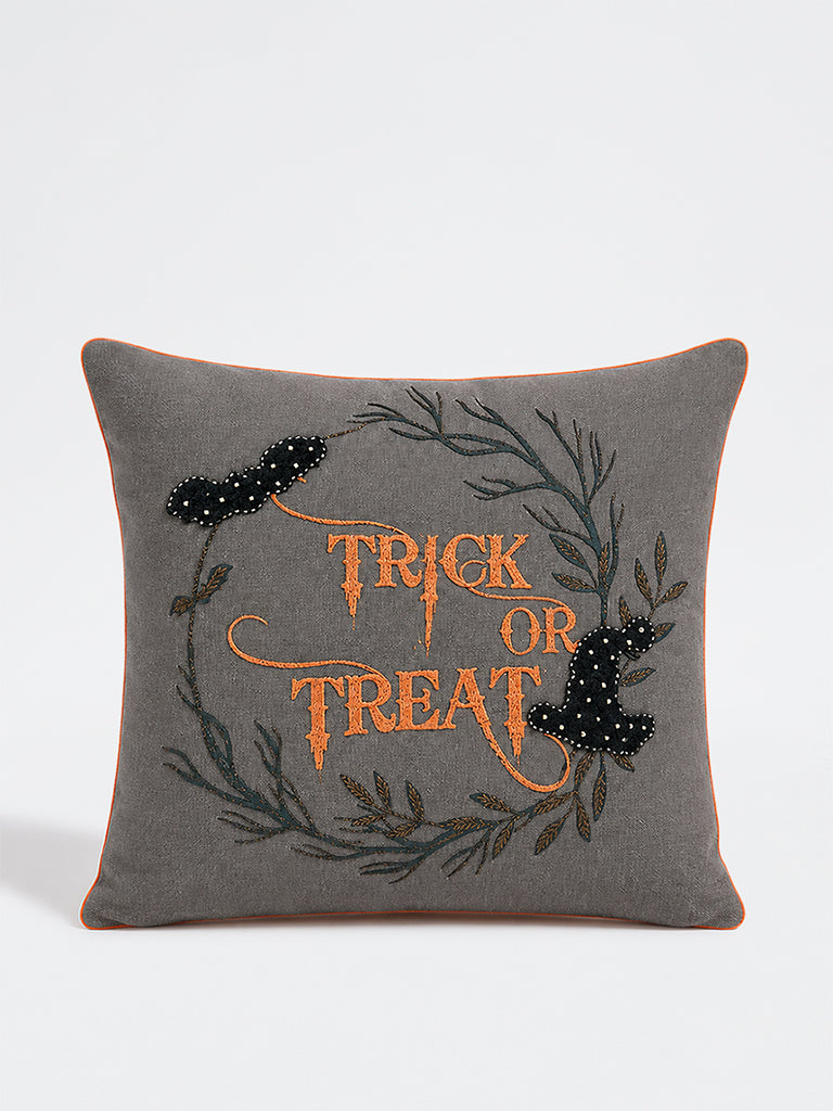 Westside Home Grey Text-Embroidered Halloween Cushion Cover