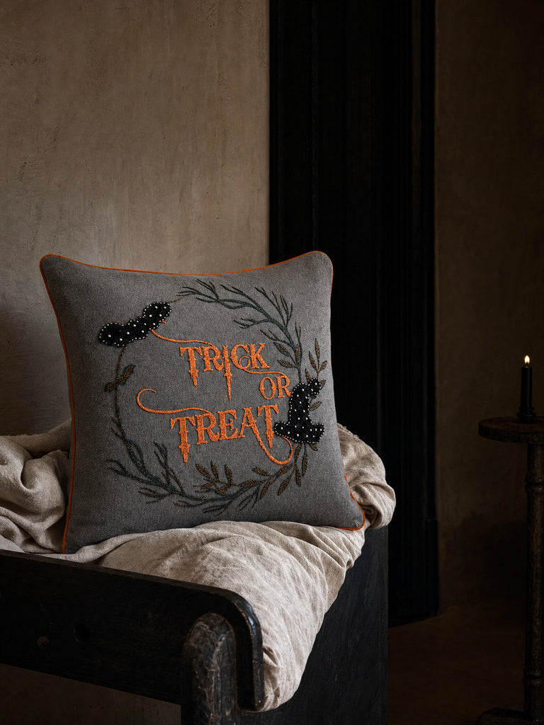 Westside Home Grey Text-Embroidered Halloween Cushion Cover