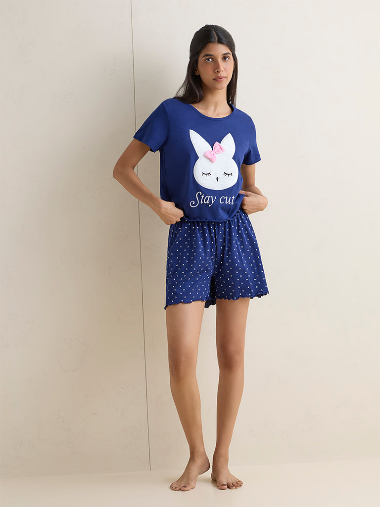 Wunderlove Navy Bunny Design Cotton T-Shirt and Shorts Set