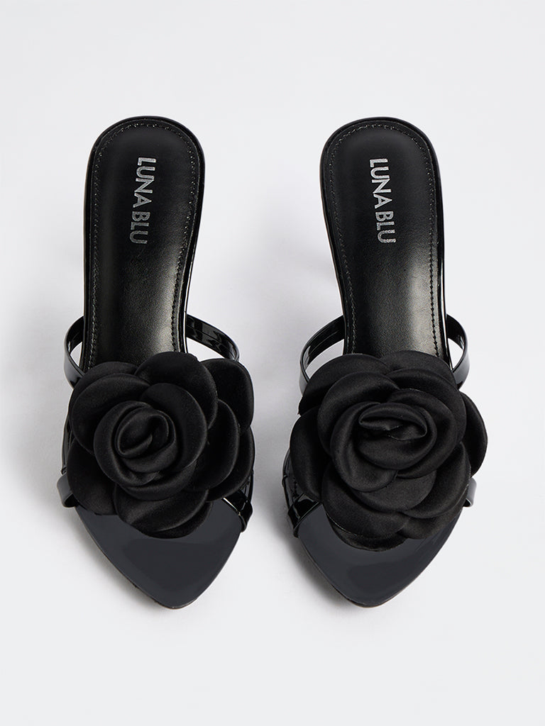 LUNA BLU Black Floral Applique Stiletto Heel Sandals