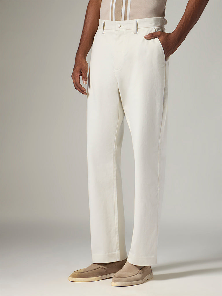 Ascot Off-White Relaxed-Fit Mid-Rise Cotton-Blend Trousers