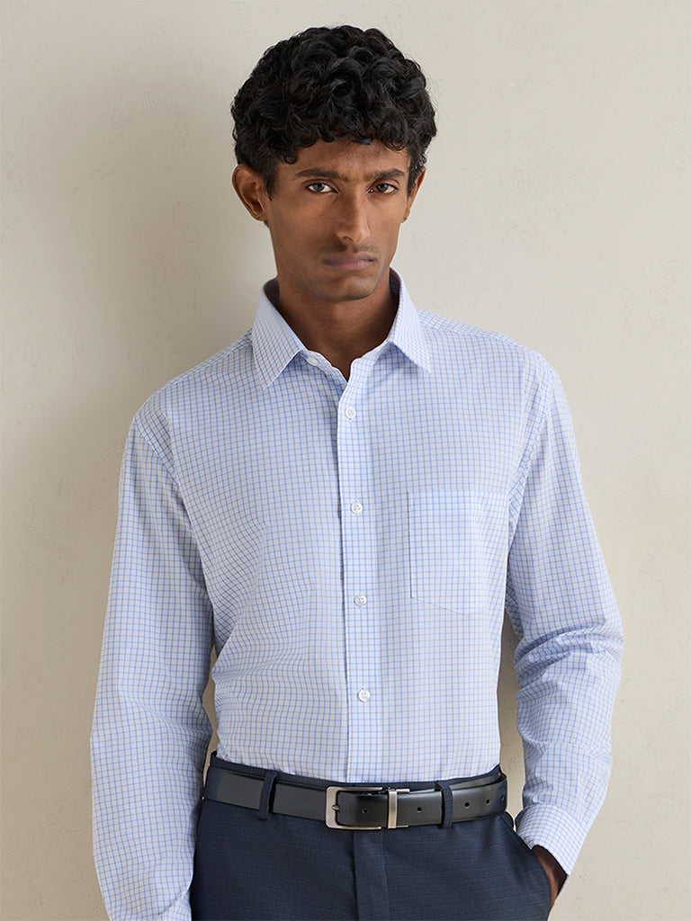 WES Formals Light Blue Checkered Cotton Relaxed-Fit Shirt