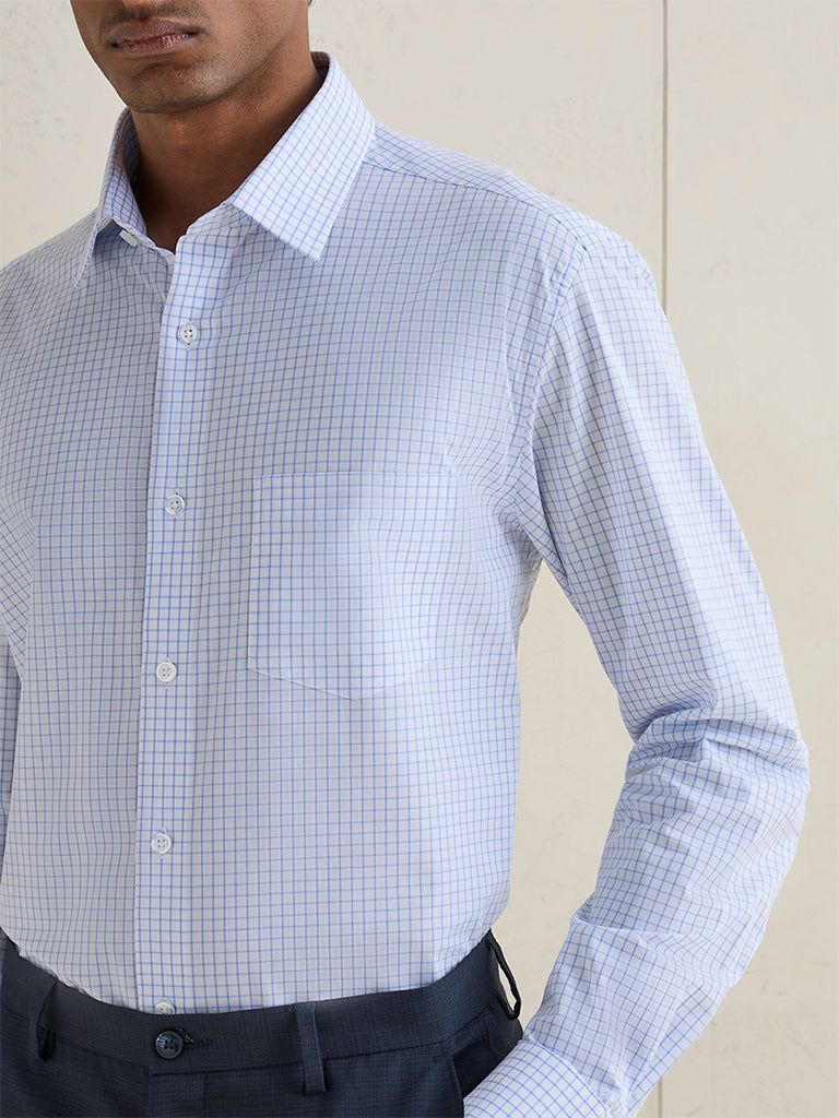 WES Formals Light Blue Checkered Cotton Relaxed-Fit Shirt