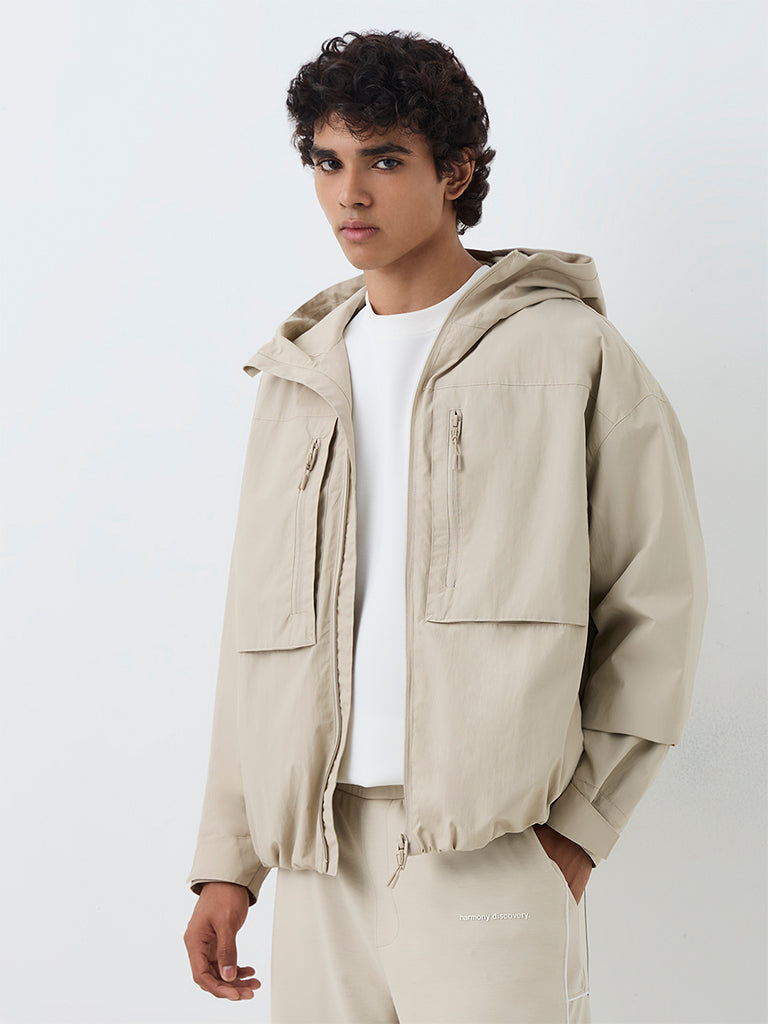 Nuoflexx Beige Solid Relaxed-Fit Windbreaker Jacket