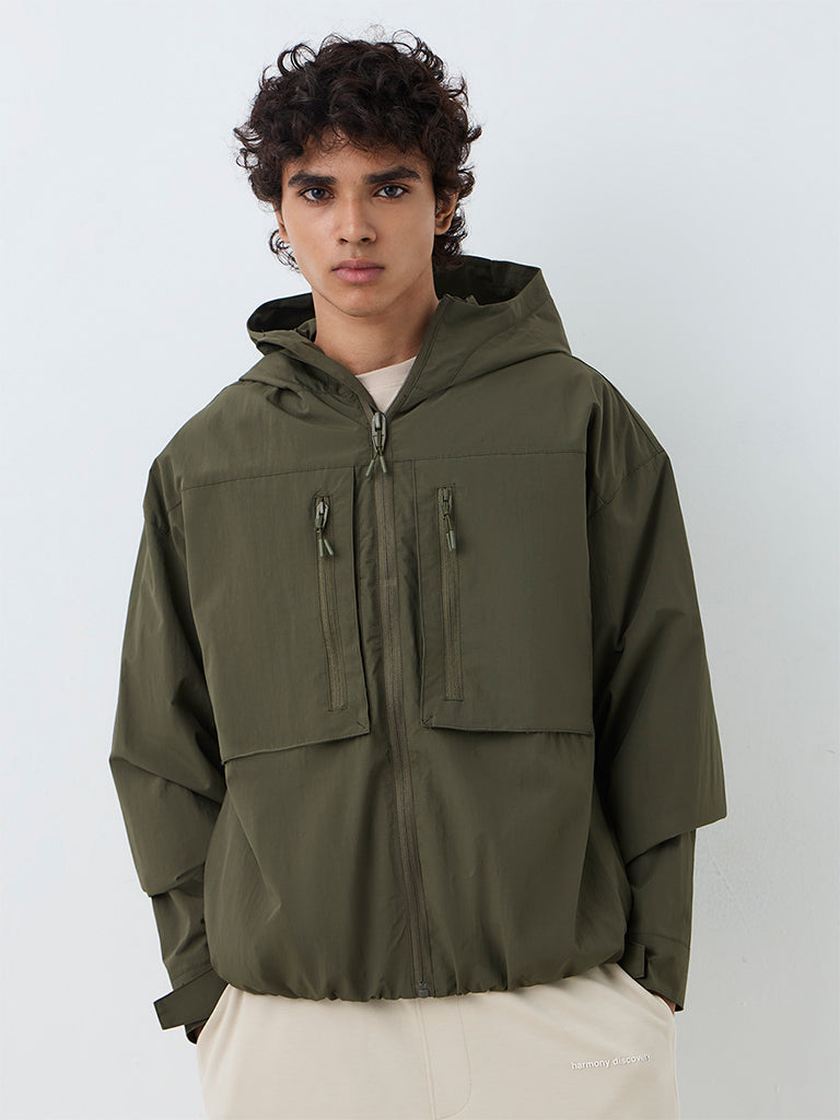 Nuoflexx Olive Solid Relaxed-Fit Windbreaker Jacket