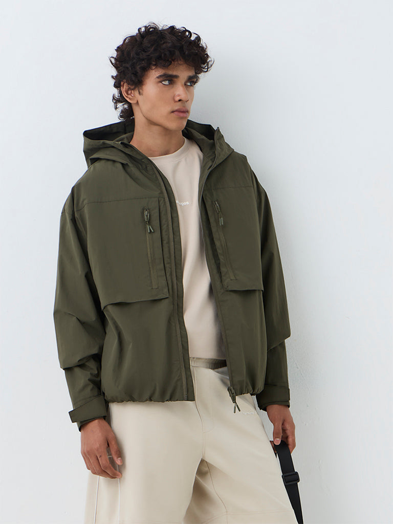 Nuoflexx Olive Solid Relaxed-Fit Windbreaker Jacket
