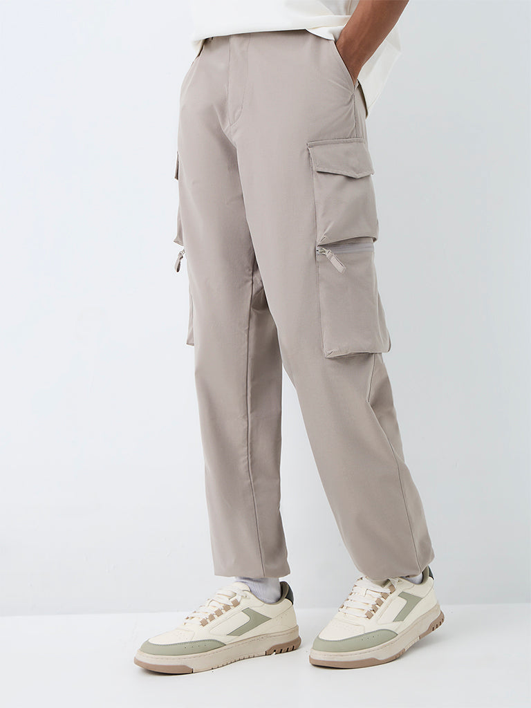 Nuoflexx Taupe Solid Relaxed-Fit Mid-Rise Cargo Pants