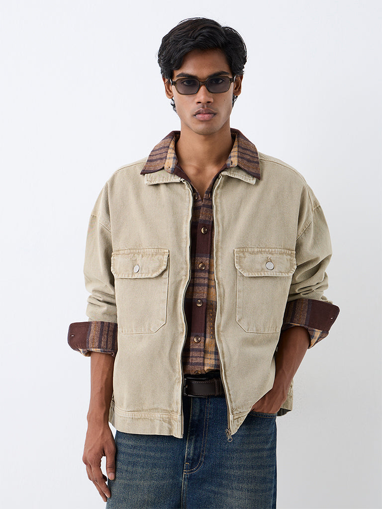 Nuon Taupe Washed Oversized-Fit Denim Jacket