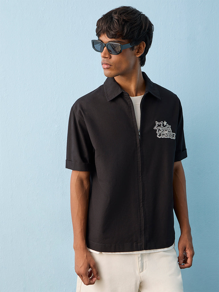 Nuon Black Japanese Inspired Cotton Relaxed-Fit Shirt