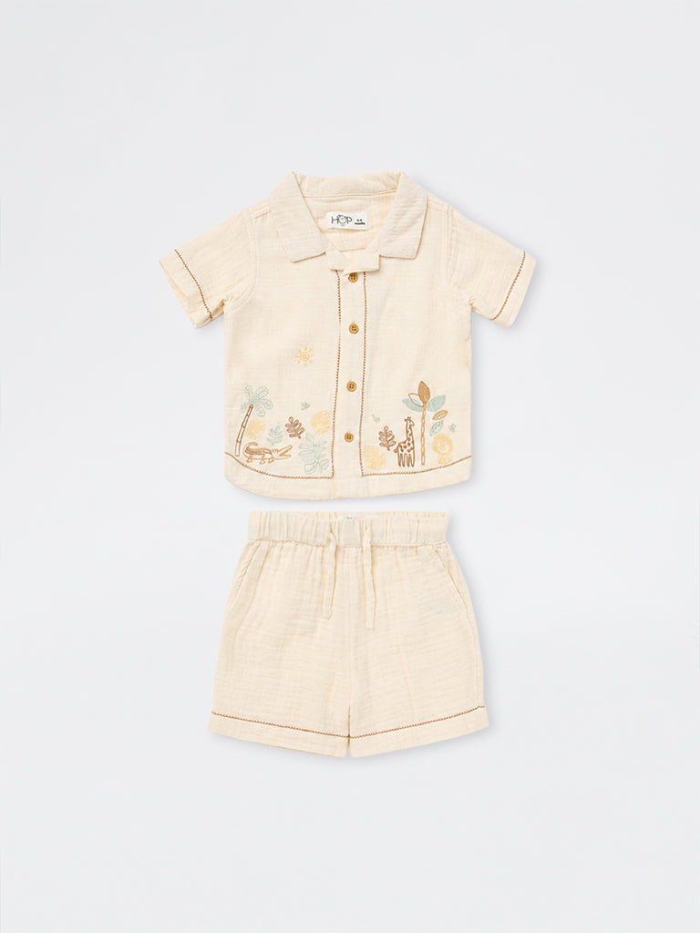 HOP Baby Boys Off-White Nature-Themed Cotton Shirt and Shorts Set