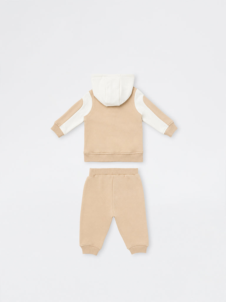 HOP Baby Boys Beige Colour-Blocked Cotton-Blend Sweatshirt and Pants Set