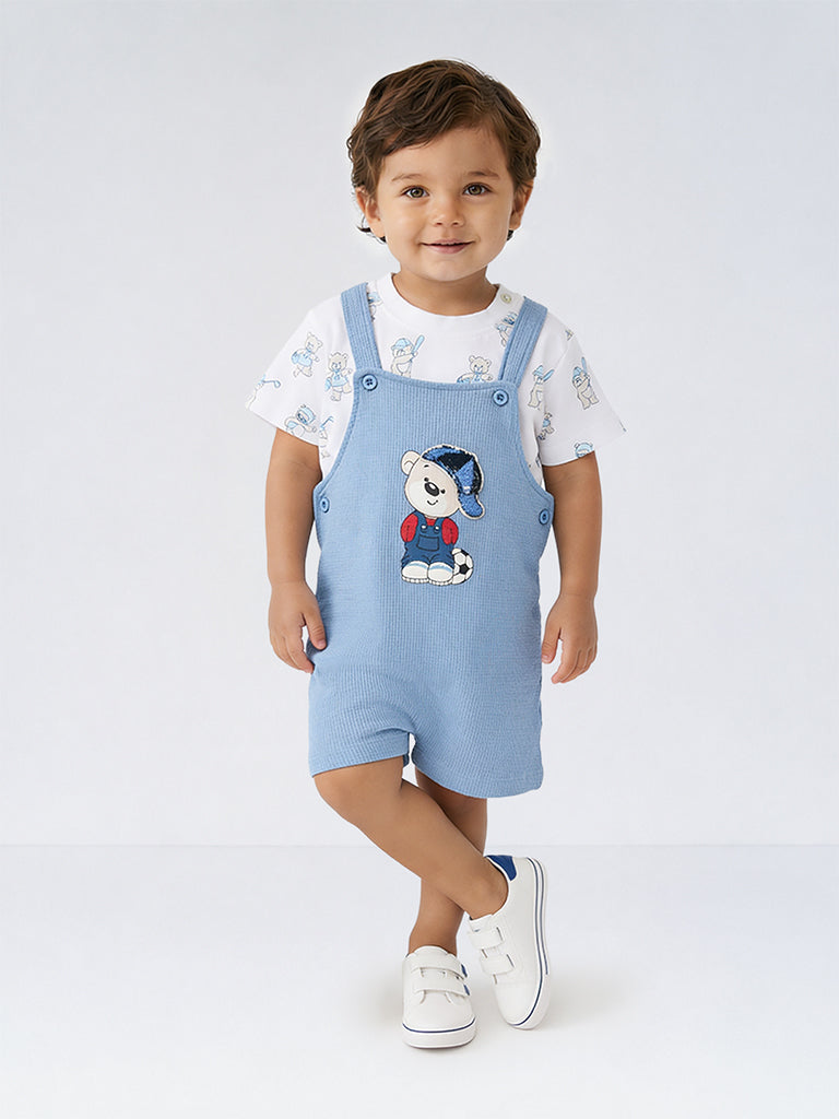 HOP Baby Boys Dusty Blue Waffle Textured Cotton Dungaree and T-Shirt Set