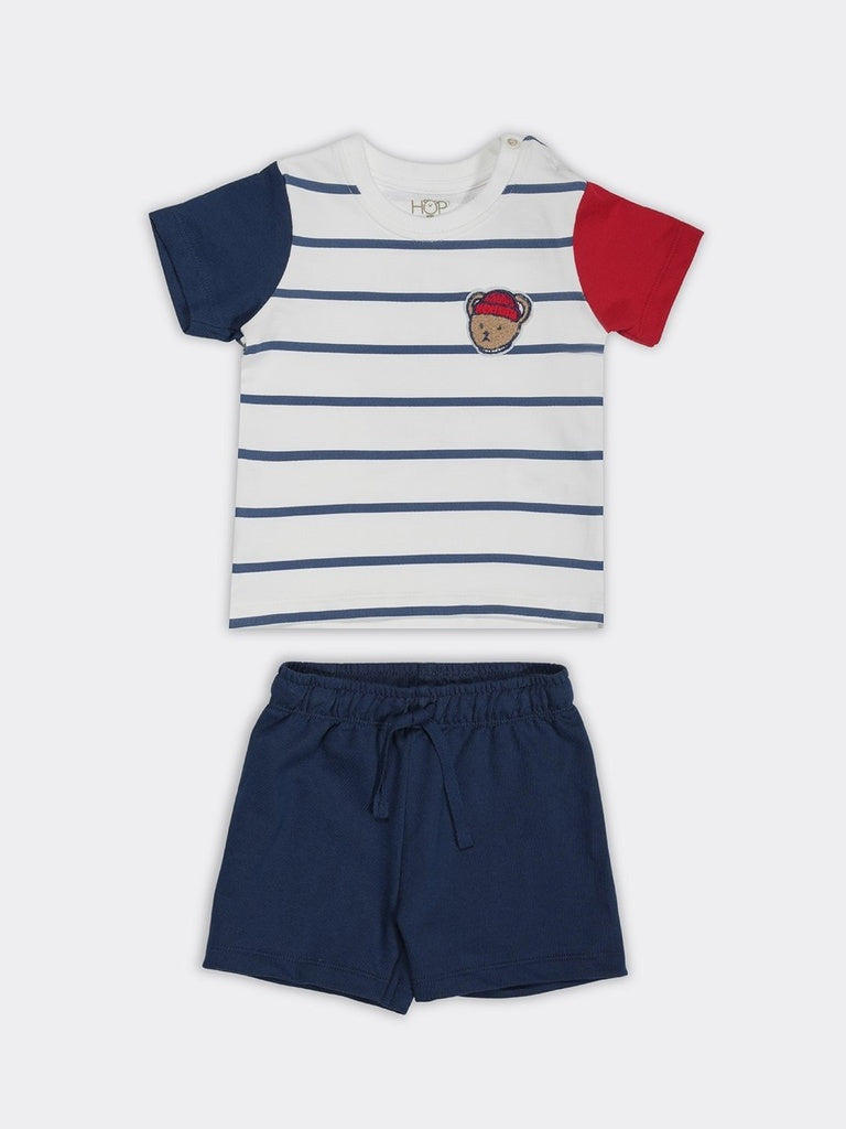 HOP Baby Boys Navy Blue Striped Cotton Regular Fit Tee And Shorts Set
