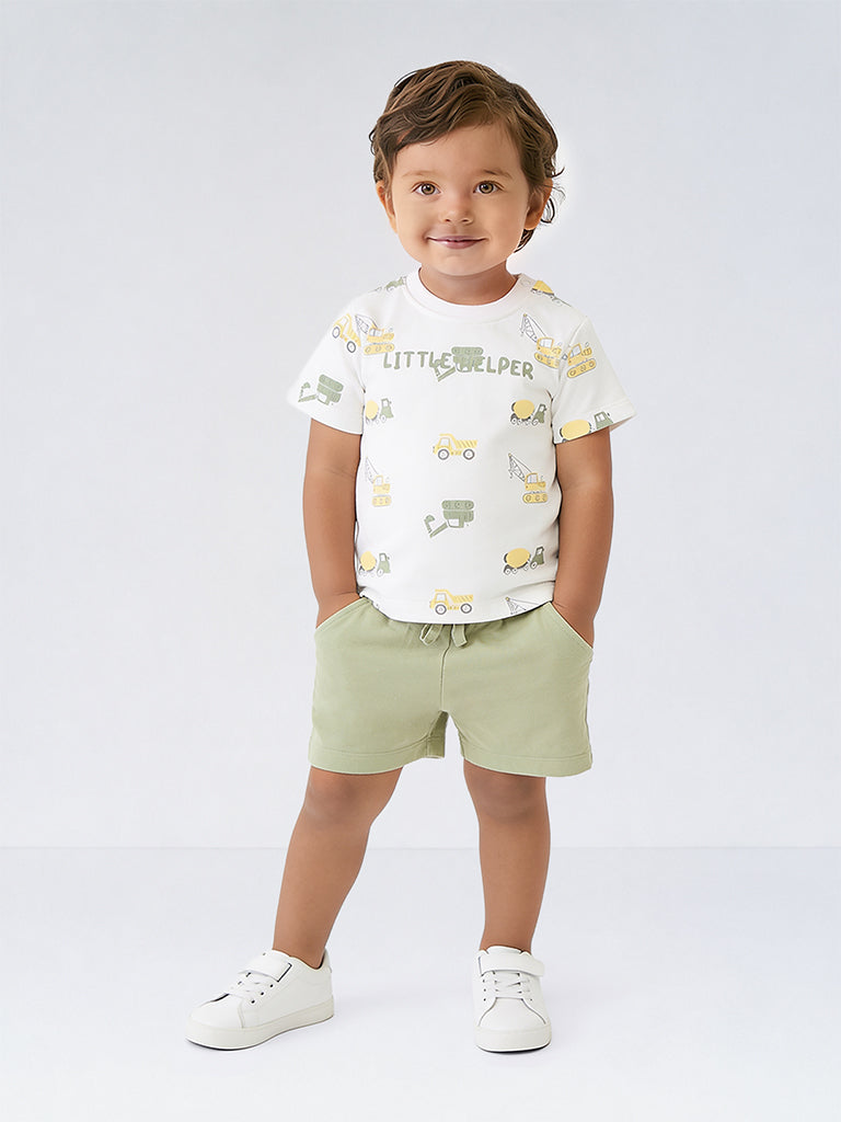 HOP Baby Boys White Printed Cotton T-Shirt and Shorts Set