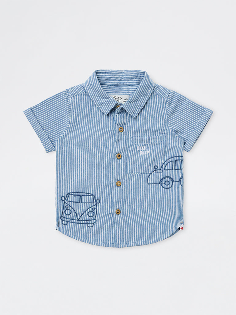 HOP Baby Boys Blue Embroidered Denim Shirt