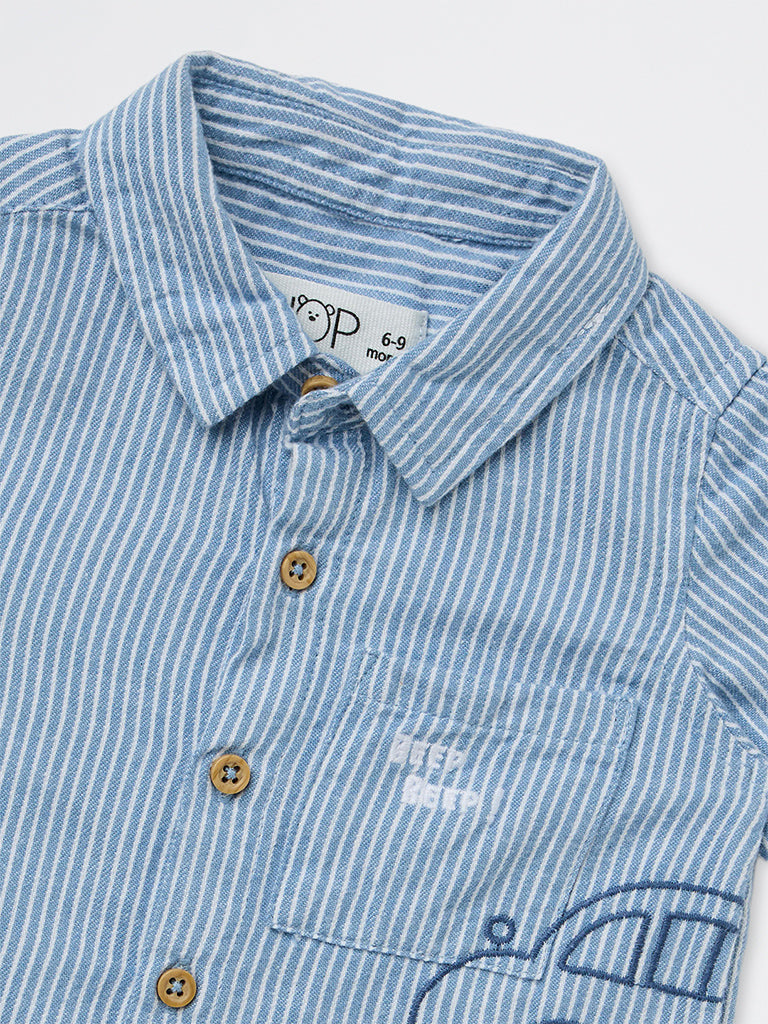 HOP Baby Boys Blue Embroidered Denim Shirt