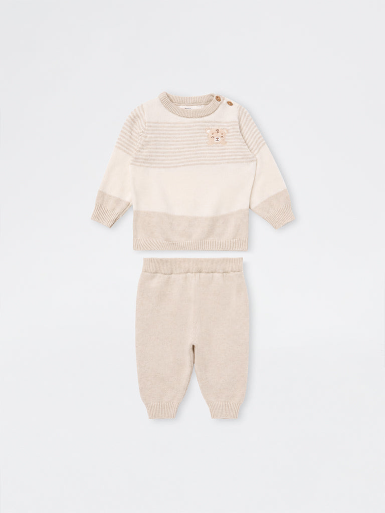 HOP Baby Boys Taupe Colour-Blocked Cotton Sweater and Pants Set