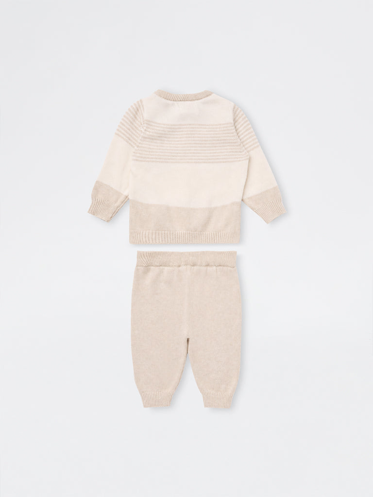 HOP Baby Boys Taupe Colour-Blocked Cotton Sweater and Pants Set
