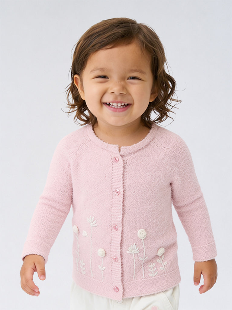 HOP Baby Girls Pink Floral Embroidered Cotton-Blend Cardigan