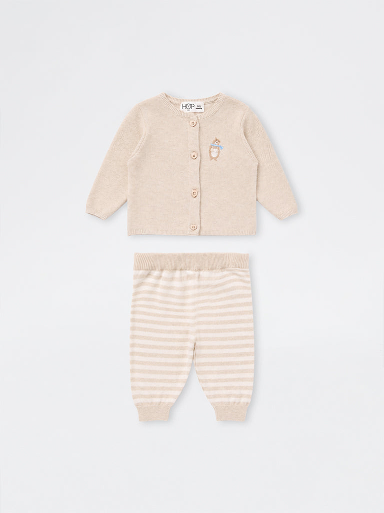 HOP Baby Boys Taupe Embroidered Cotton Cardigan and Pants Set