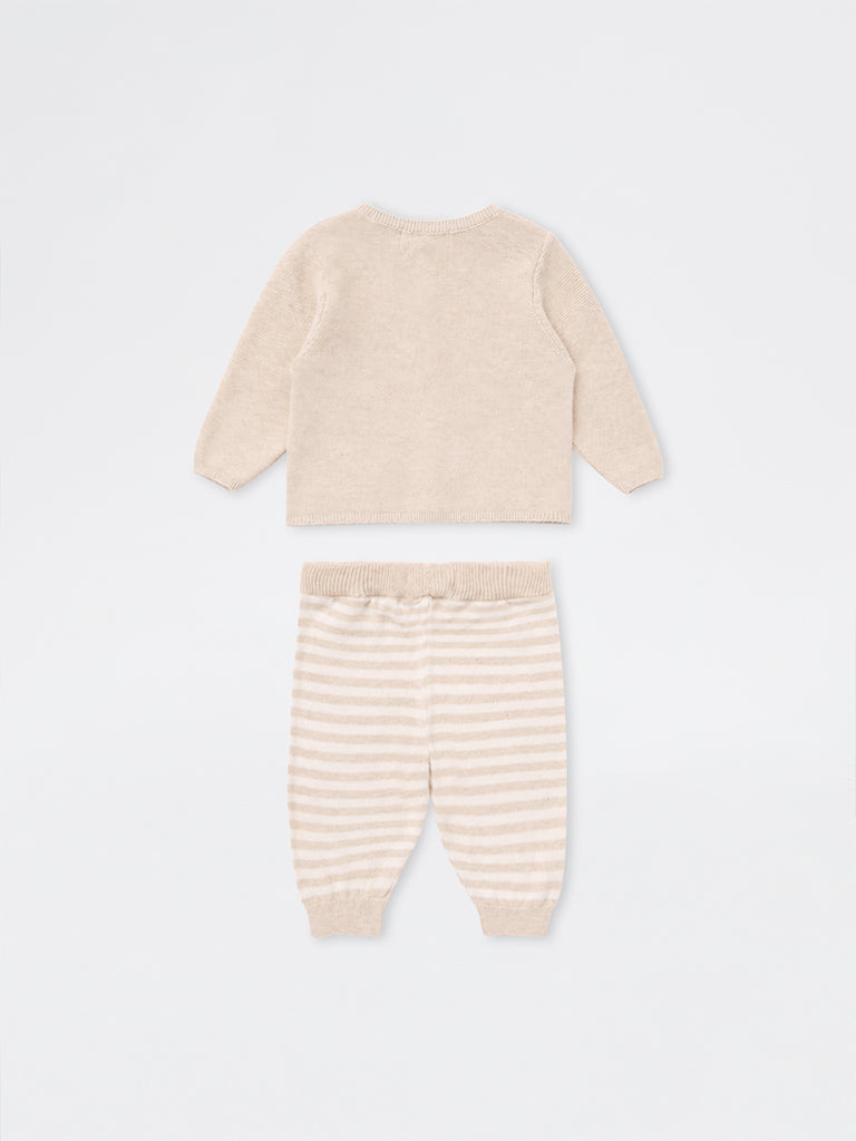 HOP Baby Boys Taupe Embroidered Cotton Cardigan and Pants Set