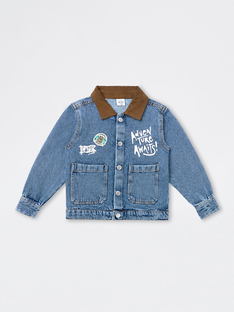 HOP Kids Boys Blue Text Embossed Denim Jacket