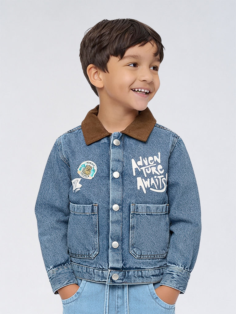 HOP Kids Boys Blue Text Embossed Denim Jacket