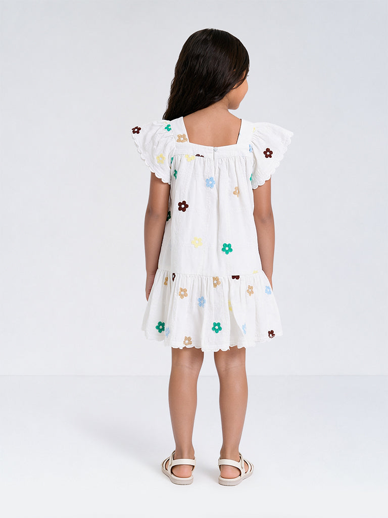 HOP Kids Girls White Floral Embroidered Cotton A-Line Dress