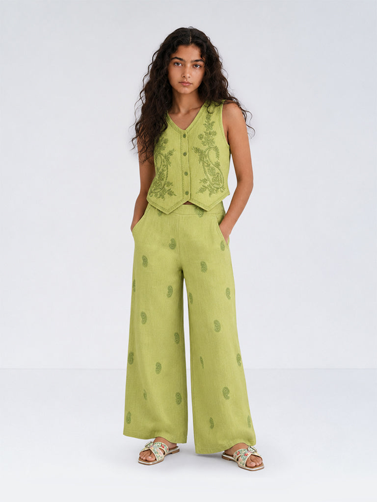 Utsa Kids Girls Green Paisley Embroidered Cotton-Blend Ethnic Pants - (8-14 yrs)
