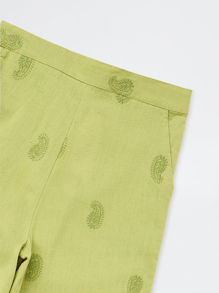 Utsa Kids Girls Green Paisley Embroidered Cotton-Blend Ethnic Pants - (8-14 yrs)
